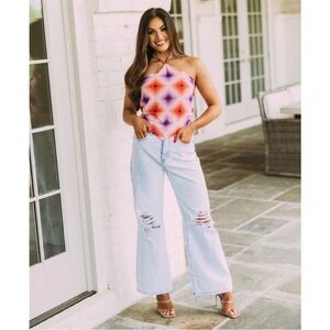 Olivaceous Halter Neck Printed Purple Pink & Orange Handkerchief Top. Size M